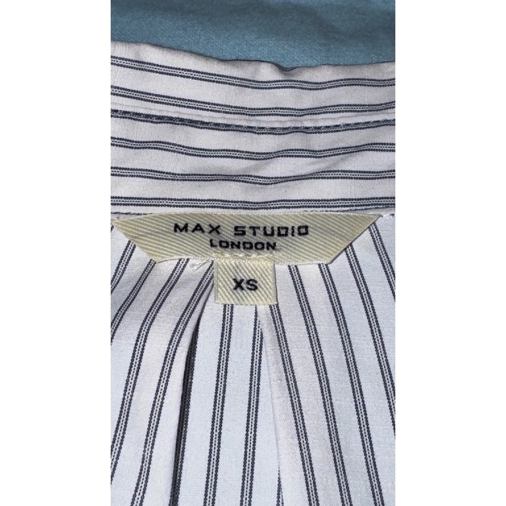 Max Studio London Womens XS Striped Button Down Shirt Roll Tab Sleeve Navy White - Picture 3 of 12